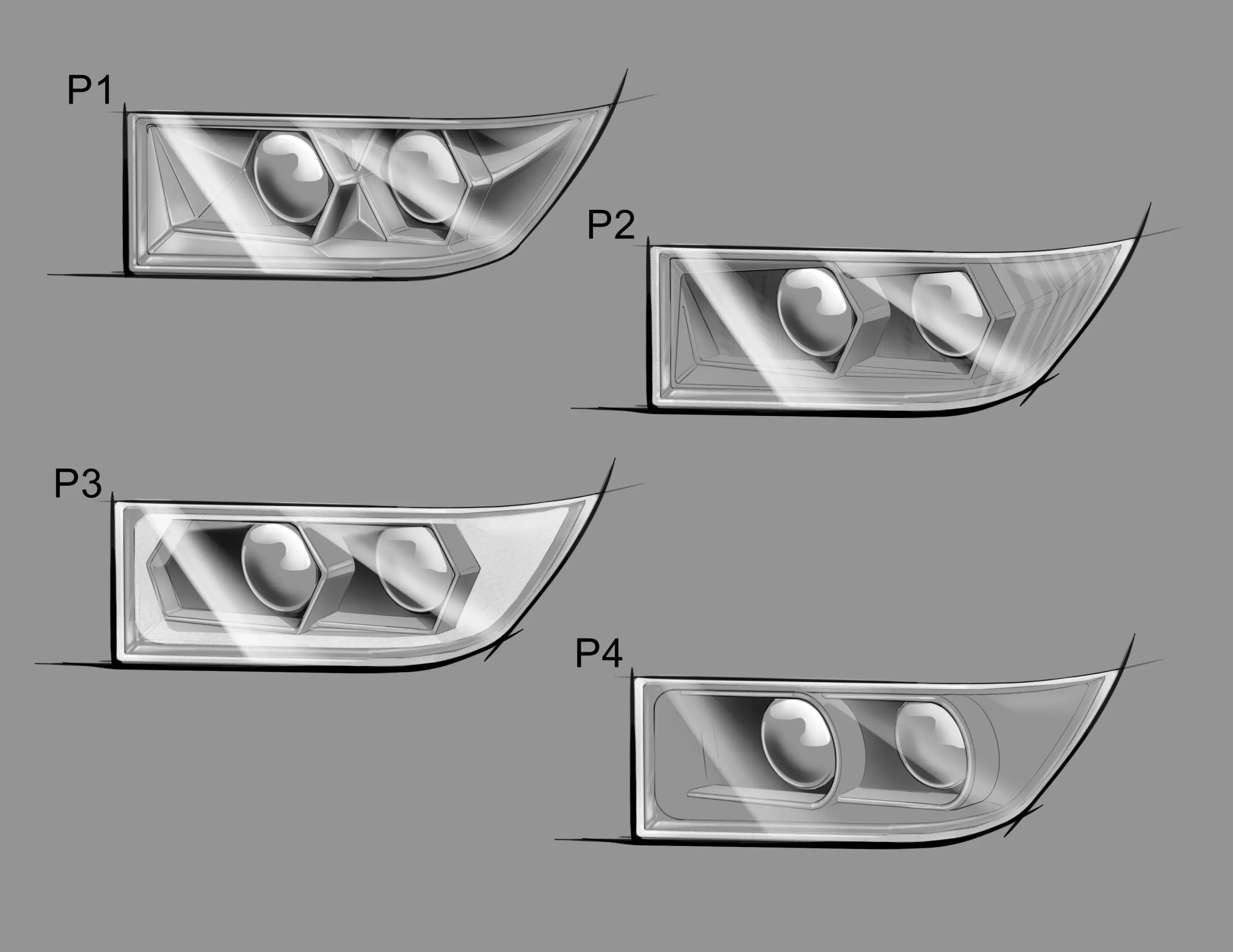 four different conceptual design sketches for a car headlight
