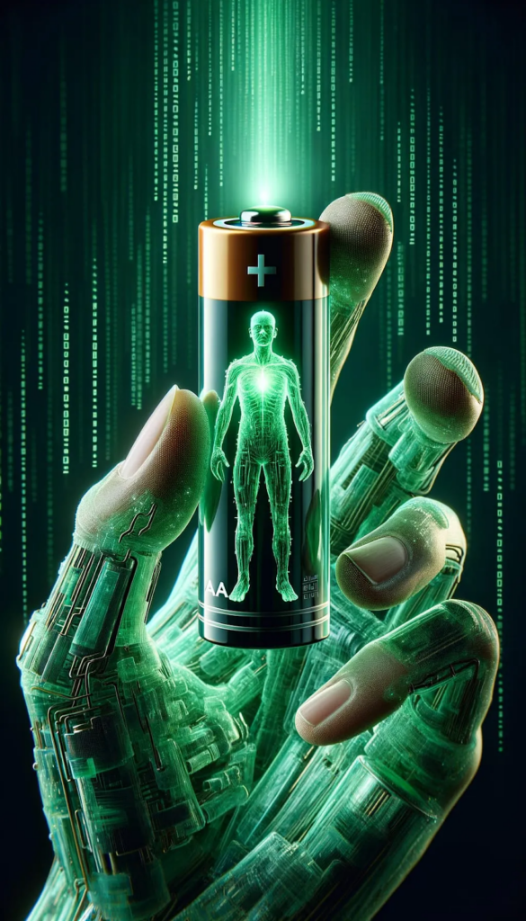 a glowing, translucent green hand with an aesthetic, holding a large AA battery.