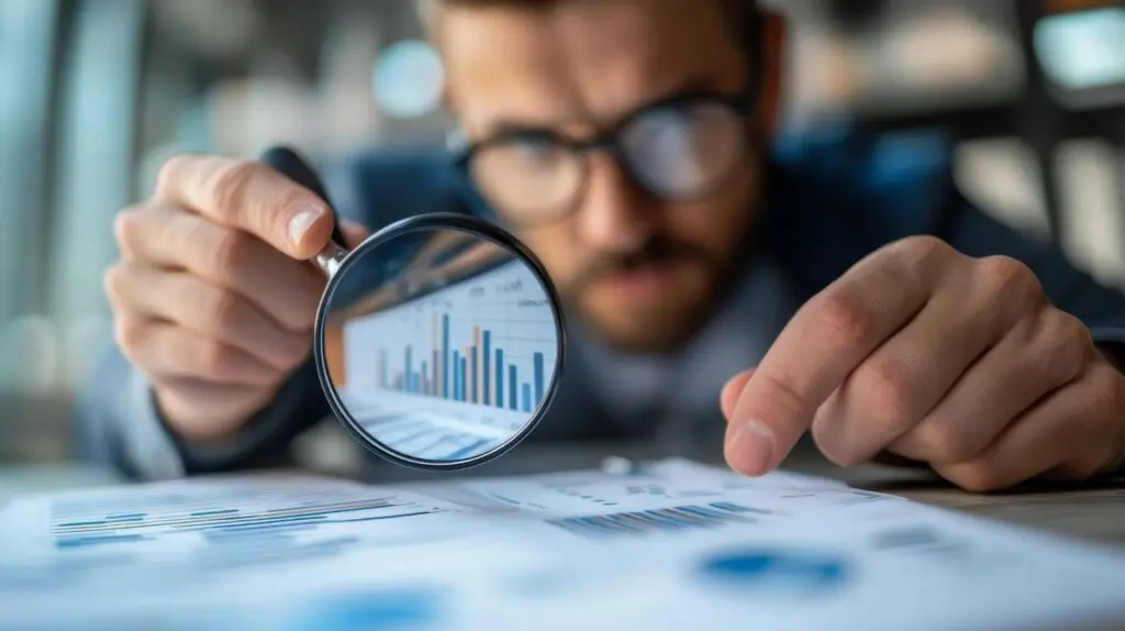 a man holding a maginfying glass while reviewing a data report