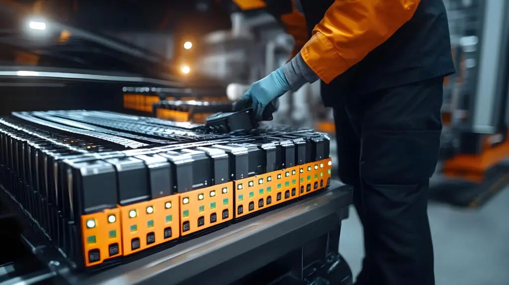 Technician assembling or inspecting large battery modules in an industrial facility