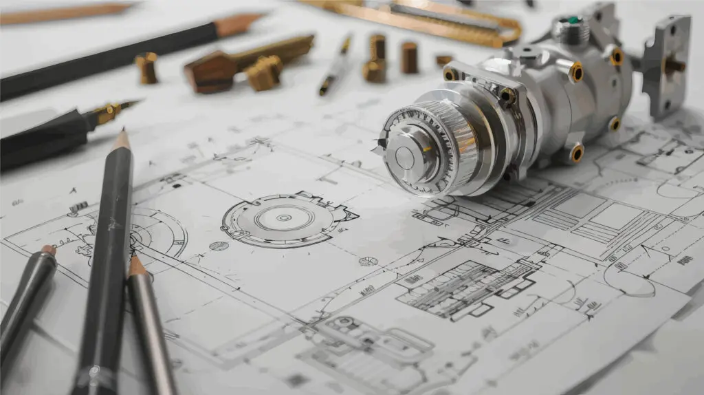 Mechanical component placed on top of technical engineering blueprints with pencils and drafting tools