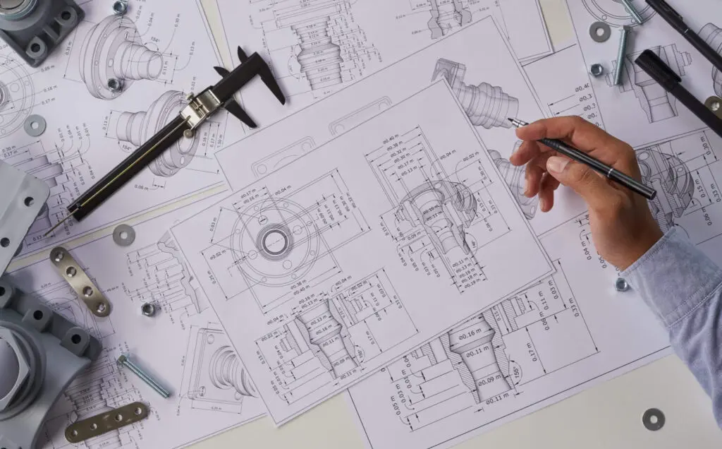 Mechanical engineer reviewing a detailed technical drawing or blueprint for a machined part.
