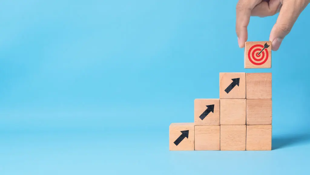 Business growth and scaling strategy. Conceptual process representing innovation, planning, and achieving goals step by step