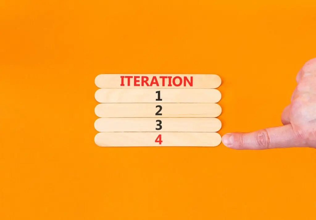 Wooden sticks labeled “iteration” with numbers 1 through 4 on an orange background, with a finger pointing at the fourth iteration.