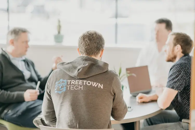 A group of Treetown Tech employees meeting to discuss a project.
