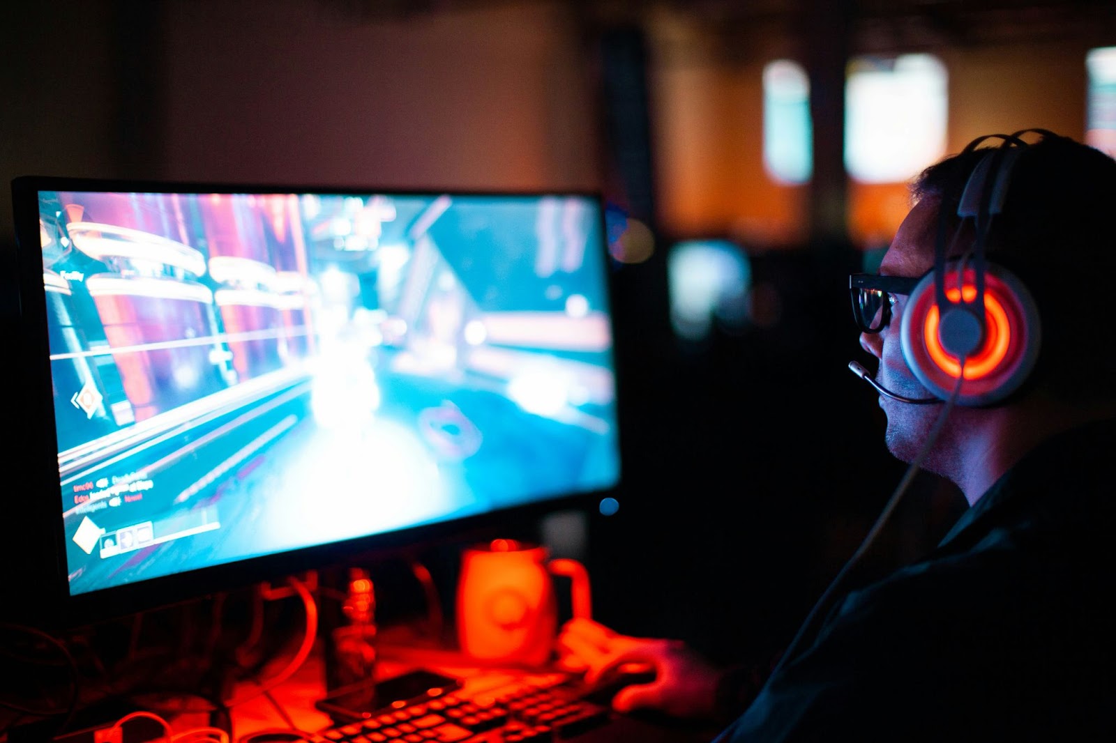 Man playing a video game on PC