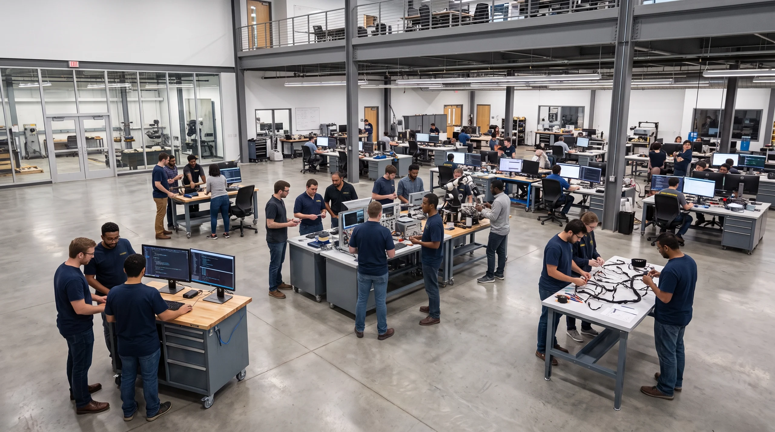 Wide shot of the Ann Arbor facility with engineers from multiple disciplines visible at adjacent workstations or gathered around a prototype. Conveys the co-location advantage: one team, one room, one prototype.